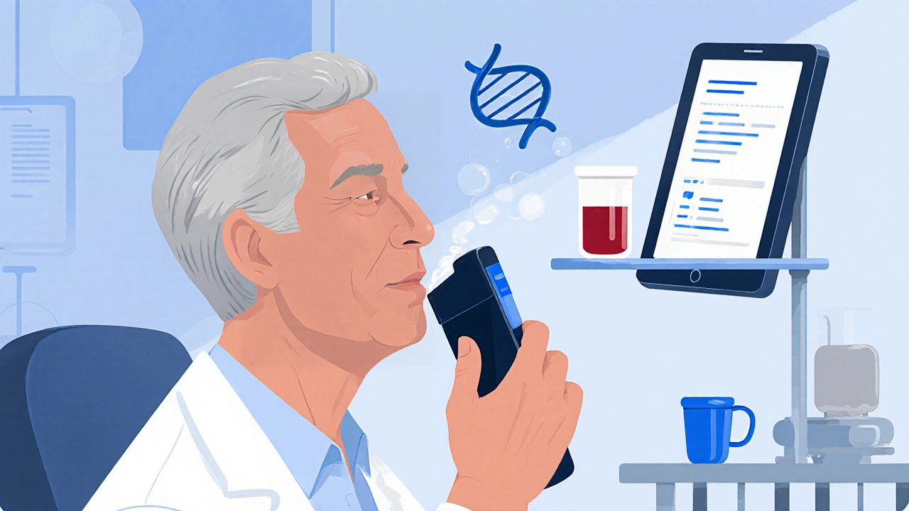 Diagnostické prístroje – dychomer, krvná fľaštička a DNA helix – predstavujú testovanie intolerancie.
