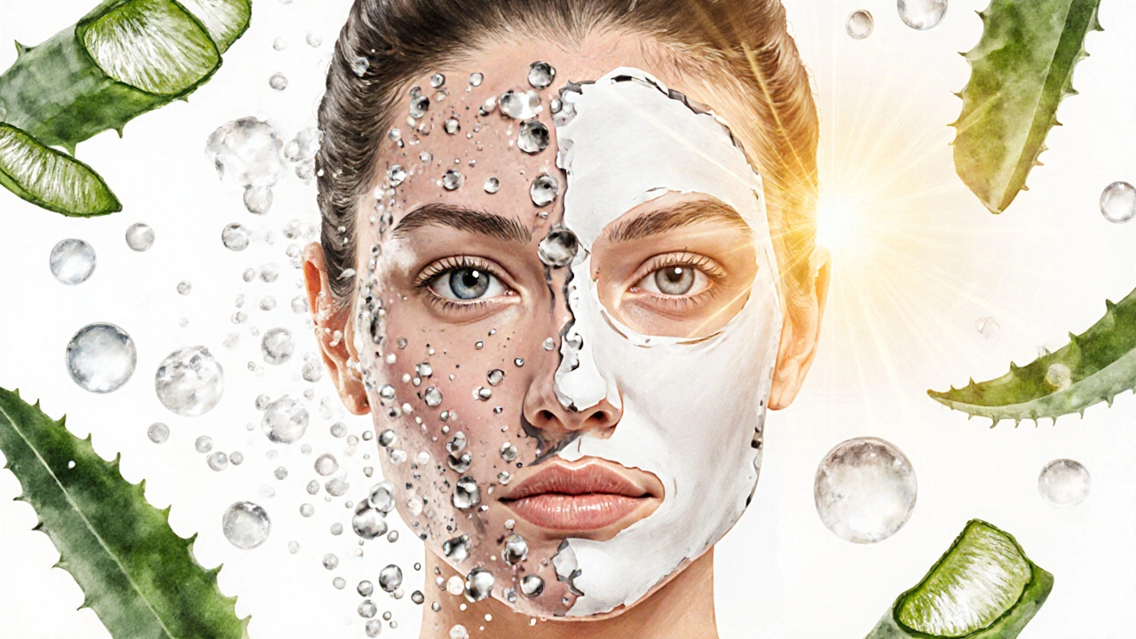 Dvě strany obličeje: jedna znečištěná, druhá jasná a zářící po maskování.