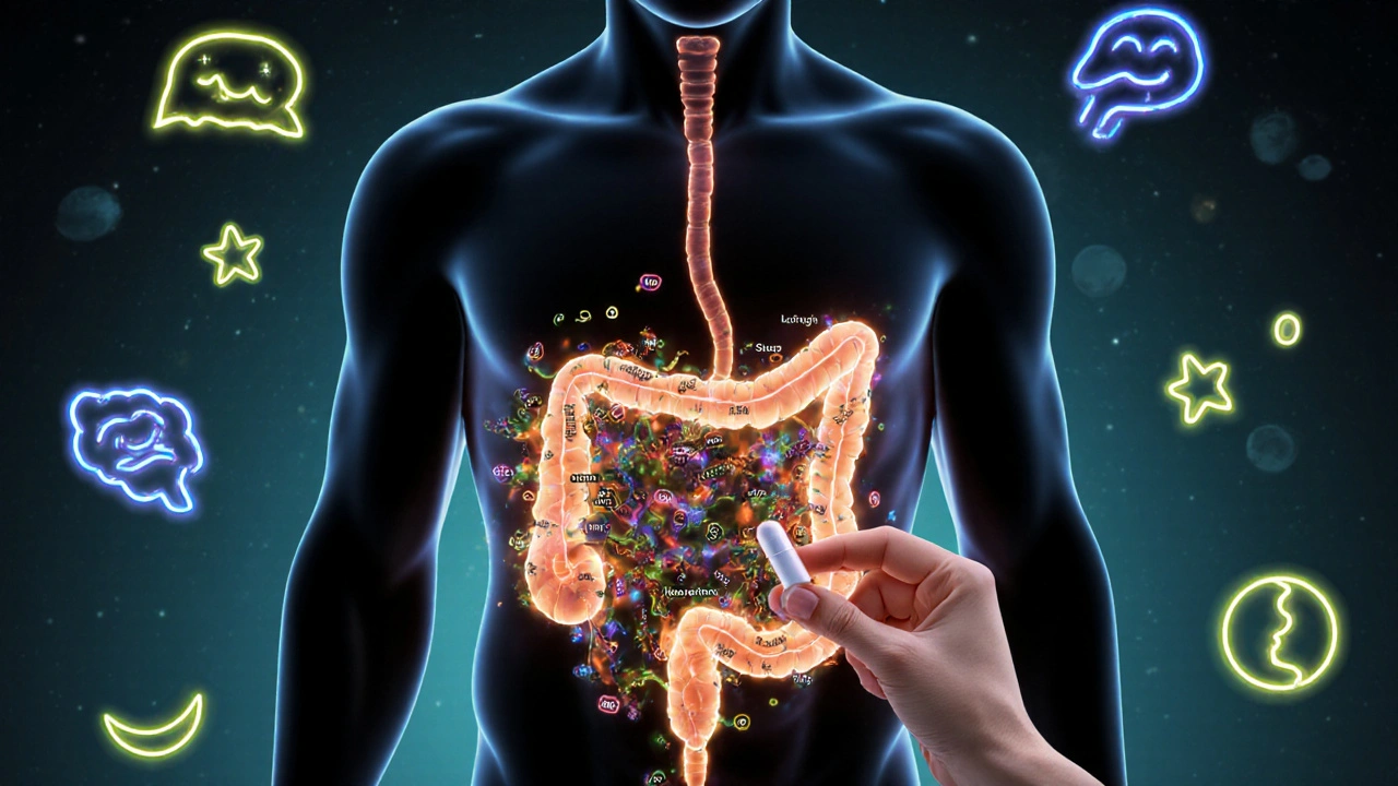 Glowing střevní mikroflóra v lidském těle s rovnováhou mezi zdravými a nezdravými bakteriemi