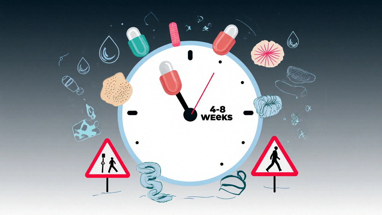 Hodiny s ručičkami tvaru antibiotik ukazují na obnovu střevní mikroflóry za 4–8 týdnů, kolem nich symboly zdravé výživy a pohybu.