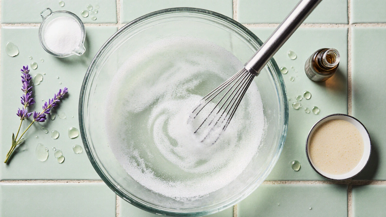 Mísa s vodou a glycerinem, do které se přimíchává aloe gel a kapky esenciálního oleje.