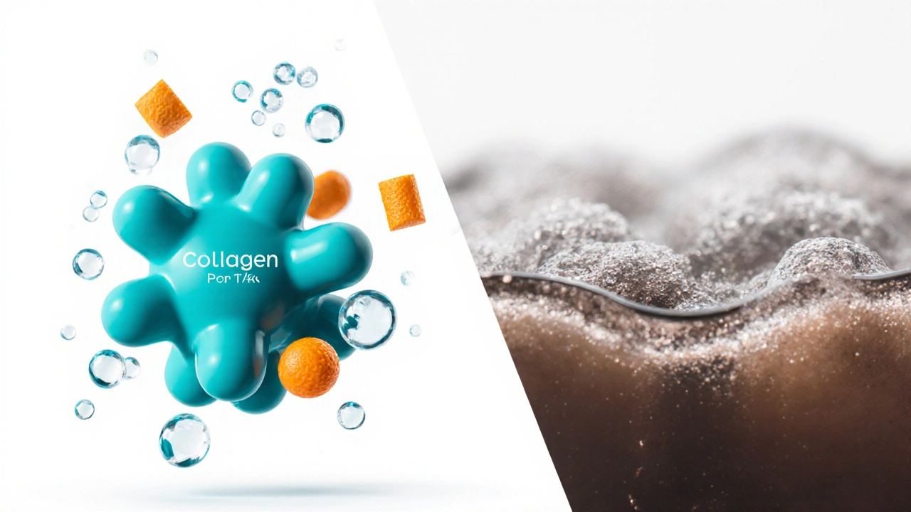 Molekula kolagenu, vitamín C a čisté suroviny ukazují vysokou kvalitu doplňku.