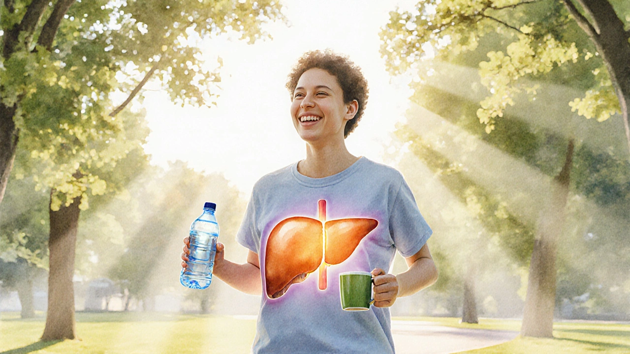 Osoba běží v parku, drží vodu a zelený čaj, v těle září zdravá játra.