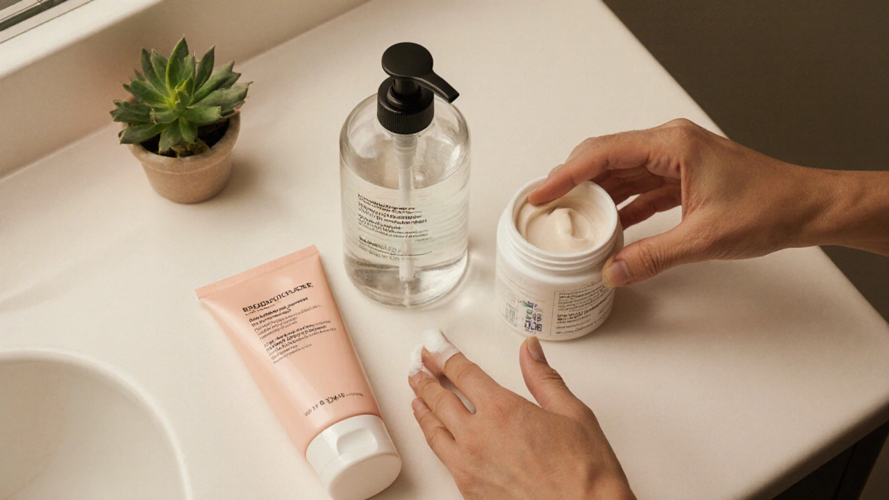 Produkty péče o pleť – čistící gel, hydratační krém a opalovací krém.