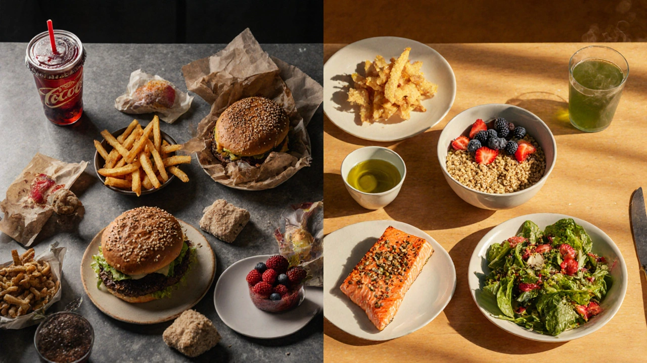 Rozdělený talíř: levá část fast‑food, pravá část čerstvé ovoce, zelenina, ryby a zelený čaj.