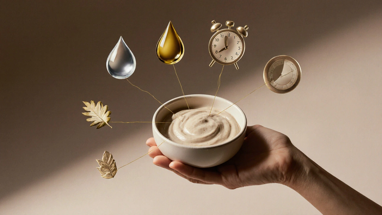 Ruka drží masku, kolem ní symboly různých typů pokožky a přírodních složek.