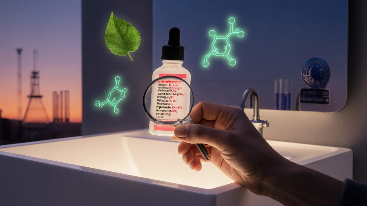 Ruka zkoumá etiketu produktu pod lupou, s ikonkami přírodních a syntetických složek.
