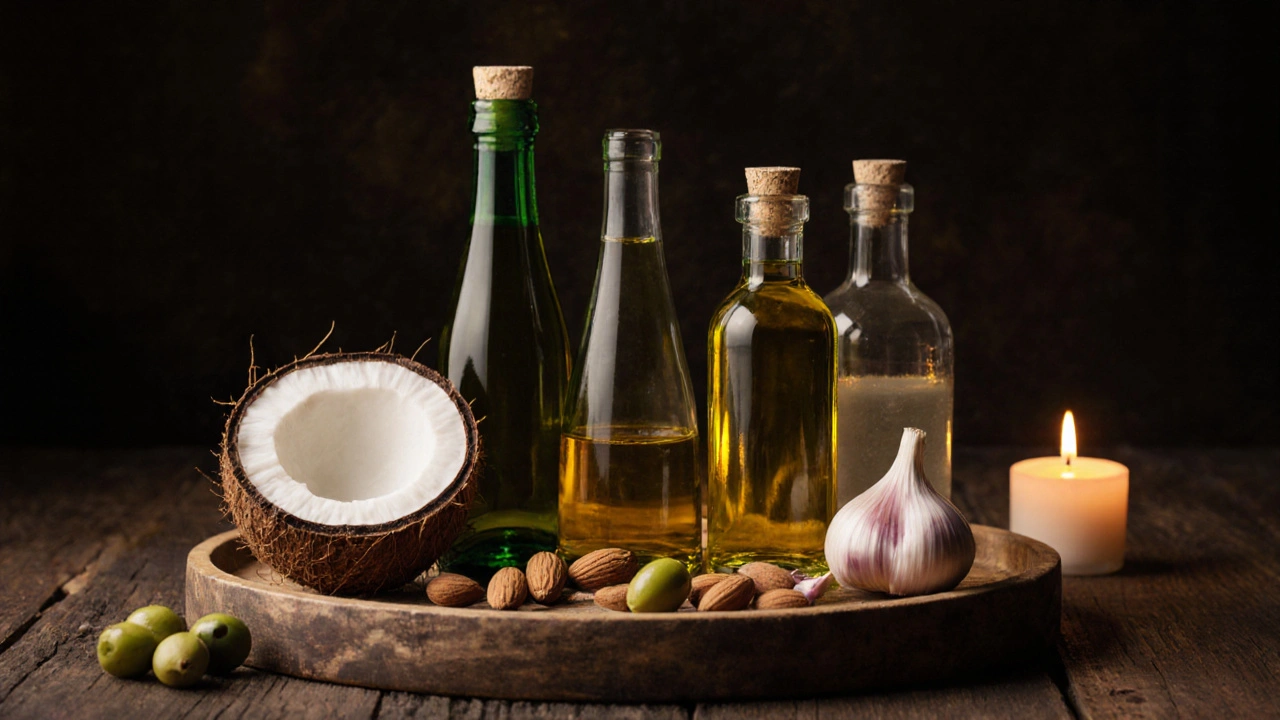 Skládka olejových flakonů a surových ingrediencí na dřevěném podnose.