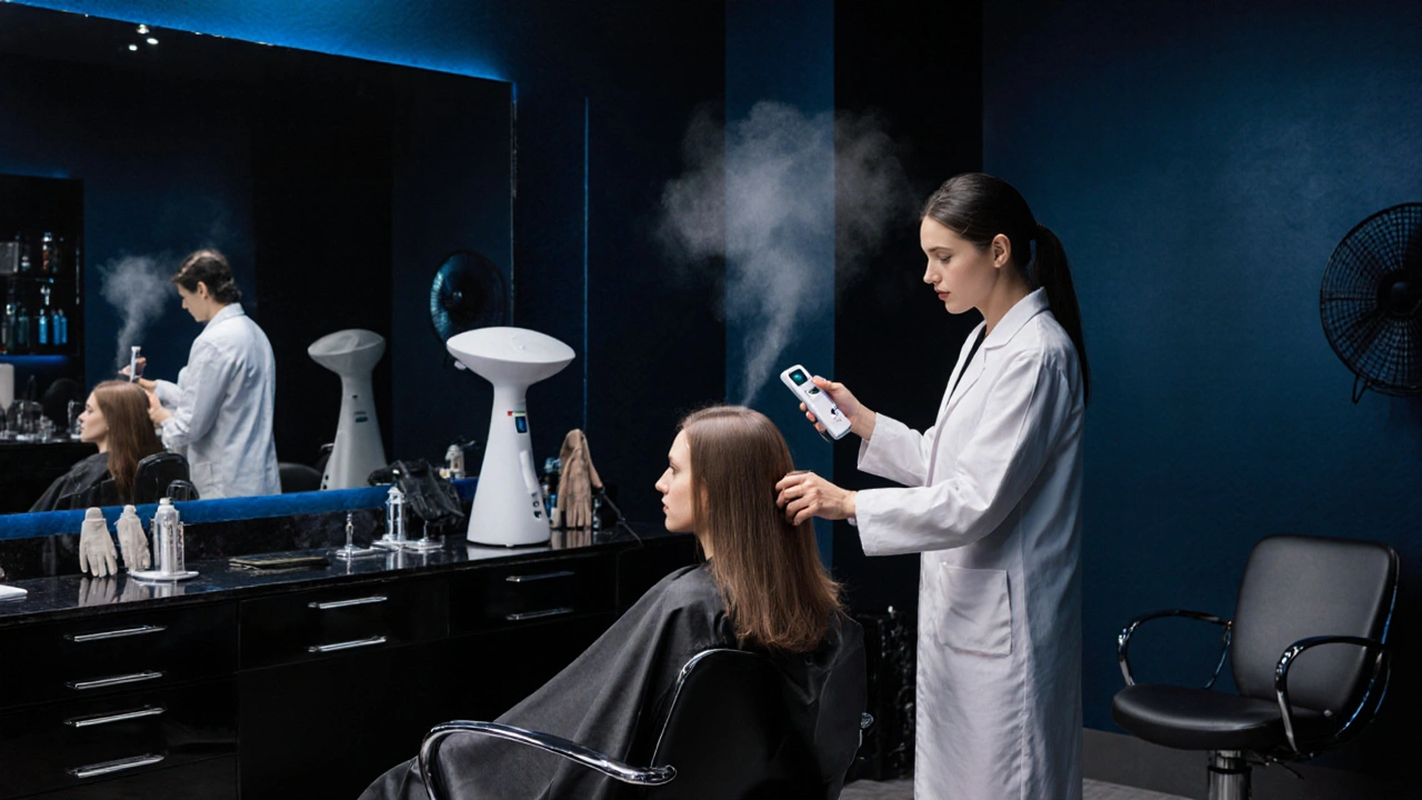 Stylista v salonu provádí profesionální keratinové ošetření s měřením pH.
