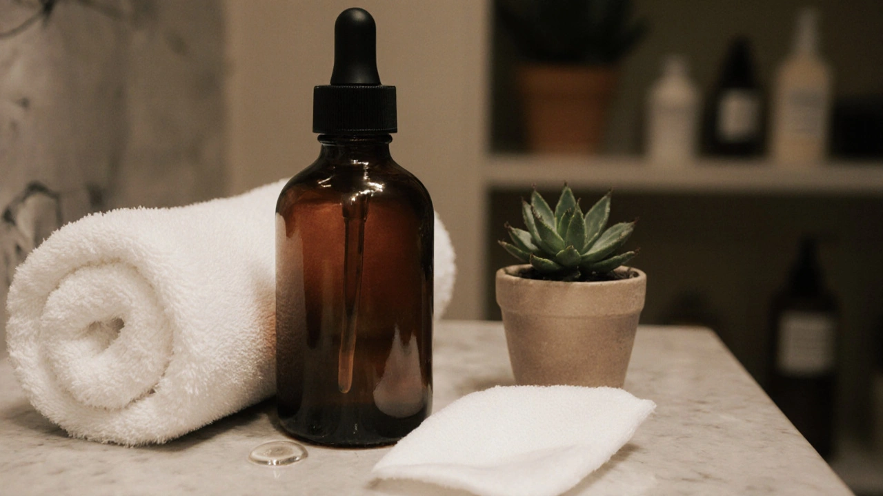 Tmavá skleněná lahvička s kapátkem a vatový tampon připravený k aplikaci na tvář.