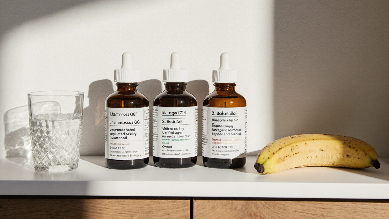 Tři probiotické přípravky na poličce s viditelnými kmeny a daty spotřeby