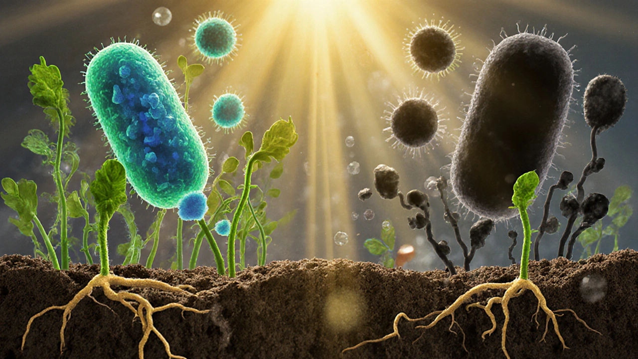 Vizuální reprezentace střevní mikroflóry jako zahrady, kde zdravé bakterie rostou, zatímco antibiotika ničí škodlivé organismy.