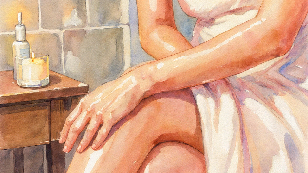 Žena po peelingu, hladká a zářivá pokožka, v teplém večerním osvětlení.