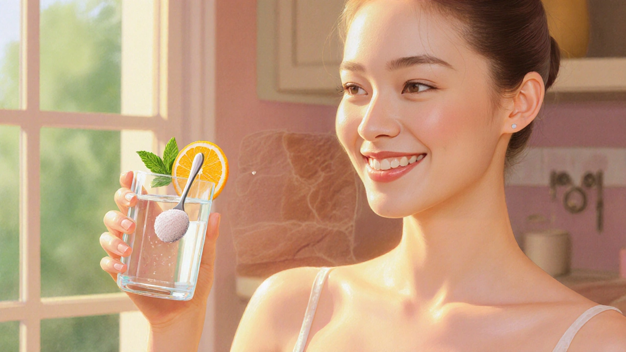 Žena s jasnou pokožkou drží sklenici kolagenu a pomeranč v slunečném světle.