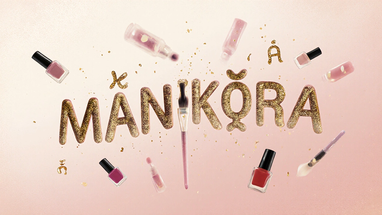 Abstraktní ilustrace slova MANIKÚRA složeného z nástrojů na nehty a diakritických znamének.