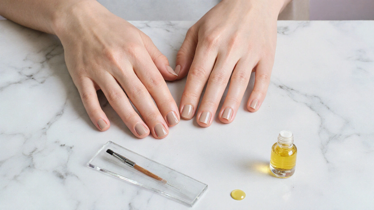 Dobře ošetřené ruce s leskem na nehtách na marmové ploše.