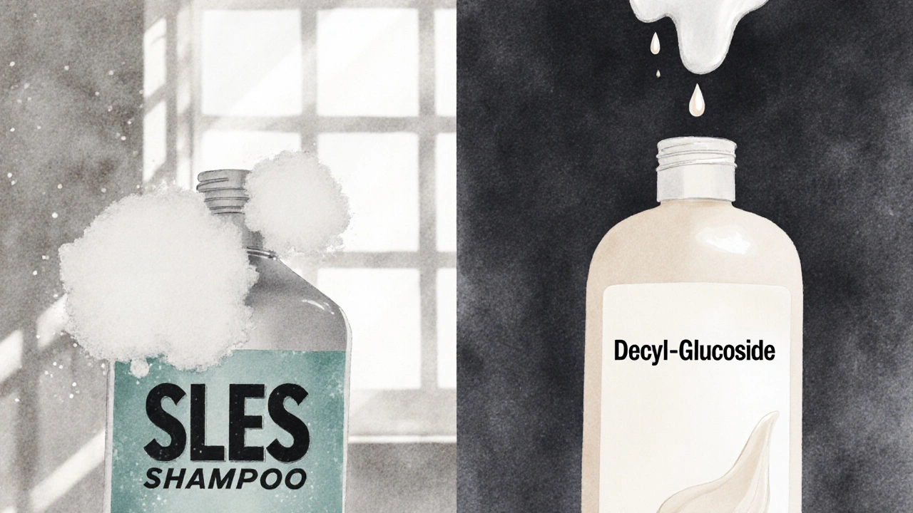 Dva šampony vedle sebe: jeden s agresivní pěnou, druhý s jemnou pěnou a přírodními složkami.