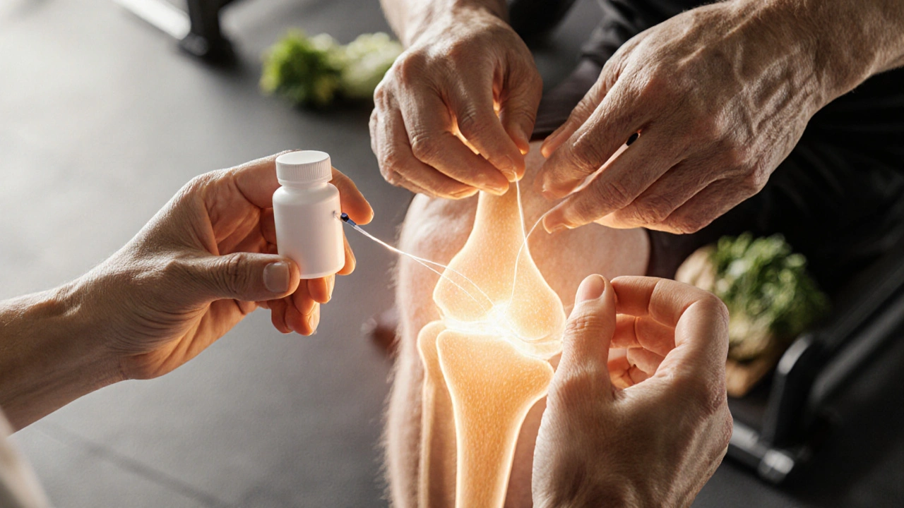 Dvě ruce spojené světelným proužkem – doplněk a injekce podporují obnovu kloubu.