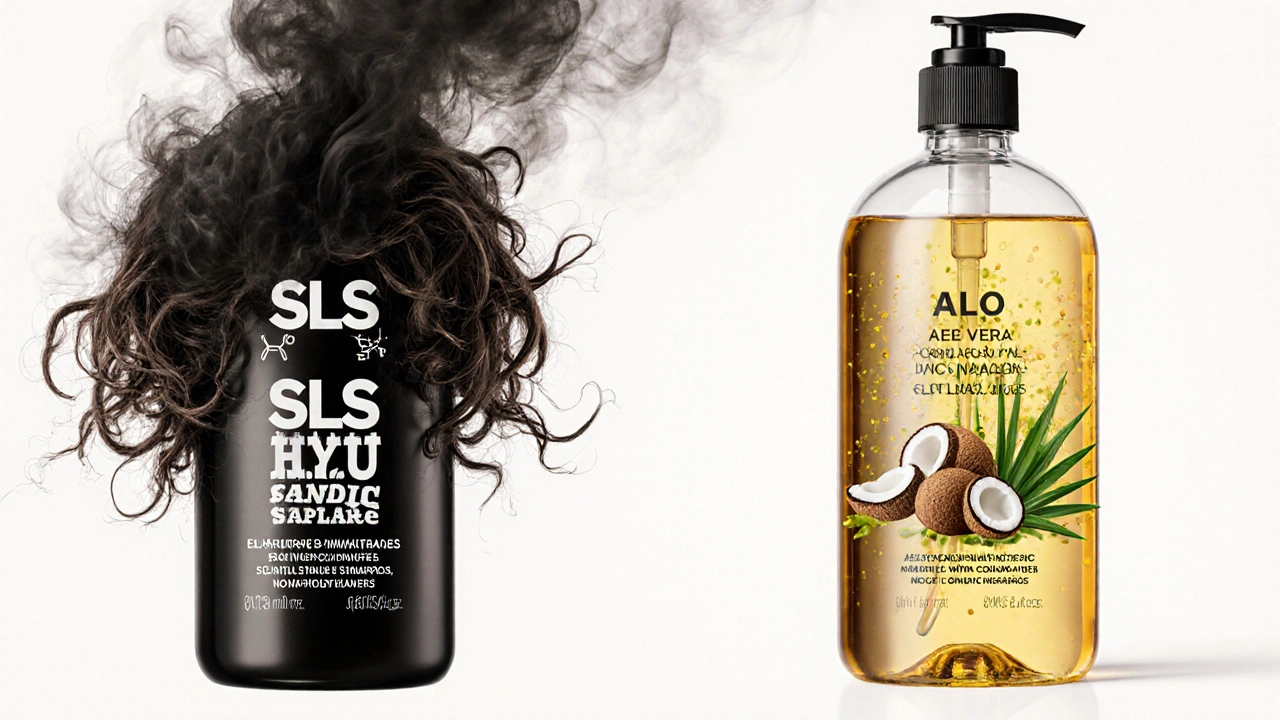 Dvě šamponové lahve: jedna s chemickými látkami a škodlivým kouřem, druhá s přírodními složkami