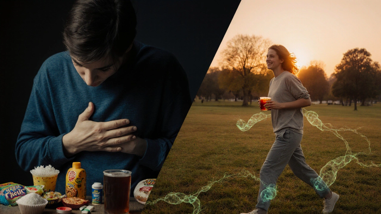 Dvě strany jedné scény: stres a zdraví v porovnání.