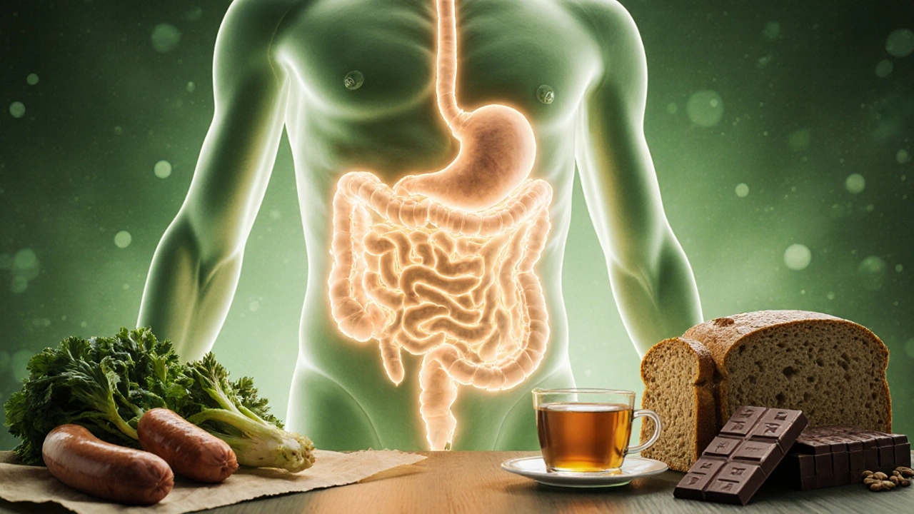 Glowující trávicí systém s jemnými potravinami kolem, těžké potraviny jsou ve stínu.