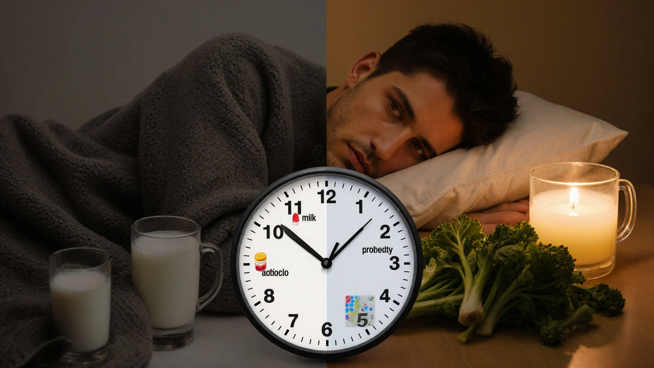 Hodiny ukazují dvouhodinový odstup mezi antibiotiky a probiotiky, v pozadí spící člověk a zdravá jídla.