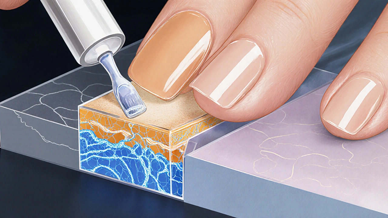 Ilustrace poškozování nehtu při opakovaném gel laku s grafickým znázorněním vrstev.