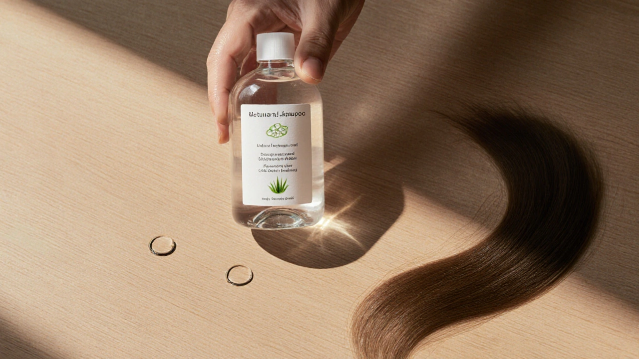 Jednoduchá láhev přírodního šamponu s jasným seznamem složek na dřevěném povrchu