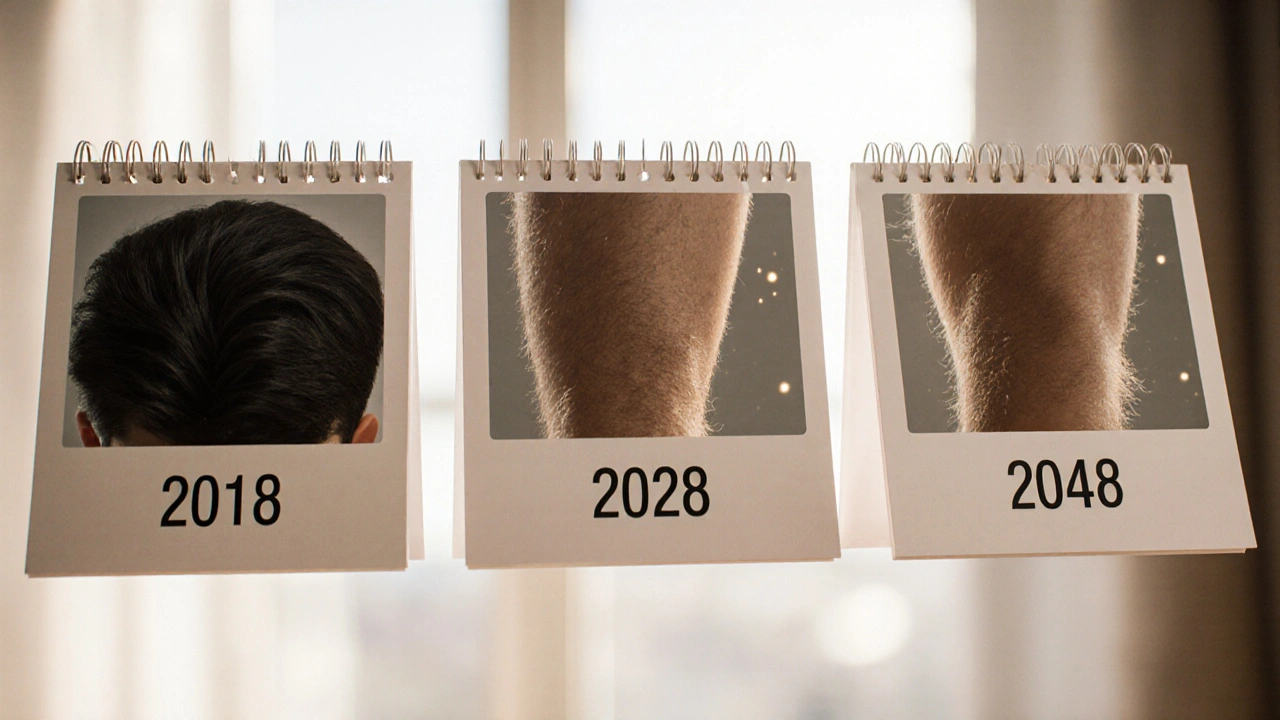 Kalendář znázorňující postupné ztenčení vlasů po laserové epilaci.