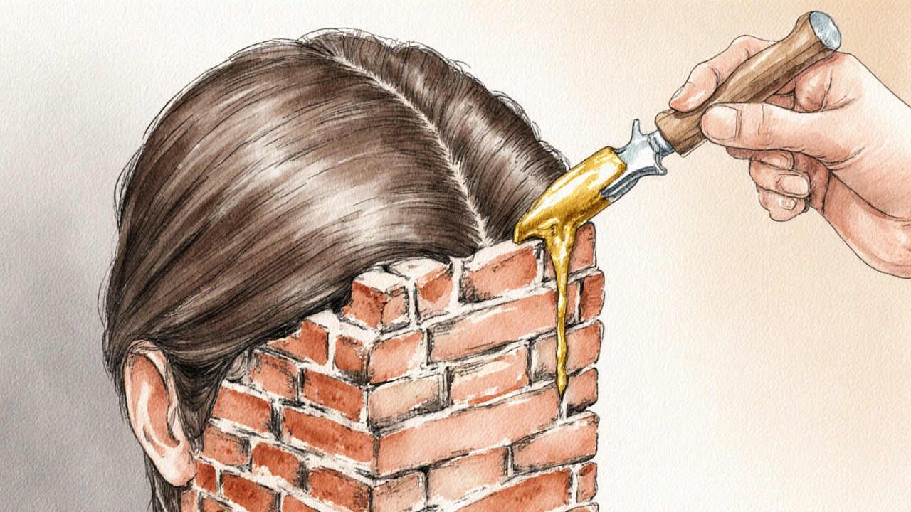 Konce vlasu jako zdivo s chybějícími cihlami, které jsou opravovány zlatým maltou.