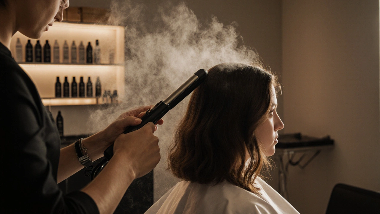 Kosmetička aplikuje keratinovou úpravu na vlasy pomocí žehličky v salónu.