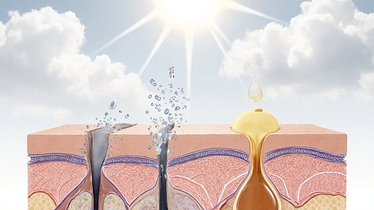 Křížový řez pokožky s ceramidy a kyselinou hyaluronovou pod světlem.