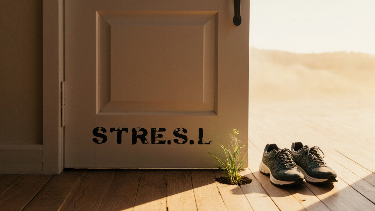 Krokové boty a dveře se štítkem &#039;Stres&#039; s rostlinkou v trhlině podlahy.