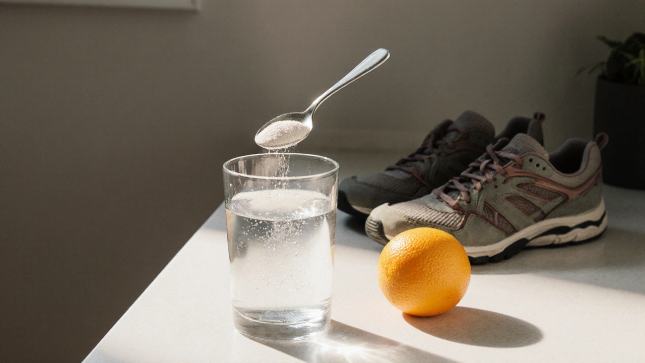 Kuchyňský stolek s kolagenem, pomerančem a pohodlnými tenisky — denní návyky pro klouby.