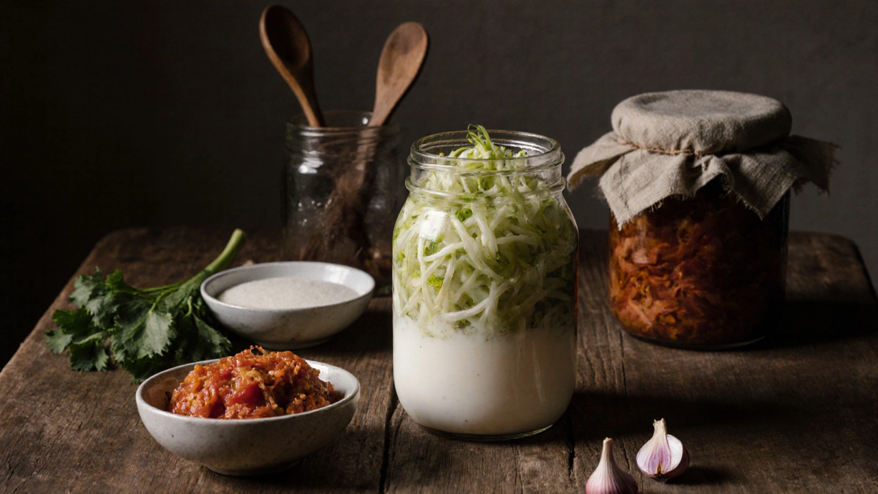 Kvašené potraviny na dřevěném stole – kysané zelí, kefír a kimchi v české kuchyni.