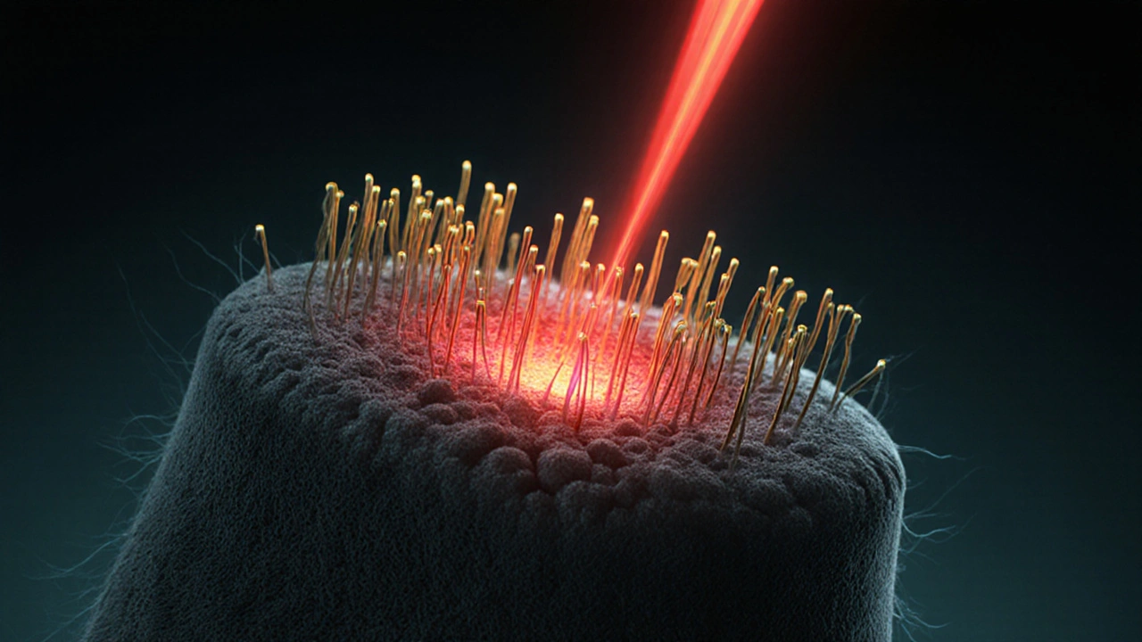 Mikroskopický pohled na laserové paprsky cílené na kořeny vlasů v kůži.