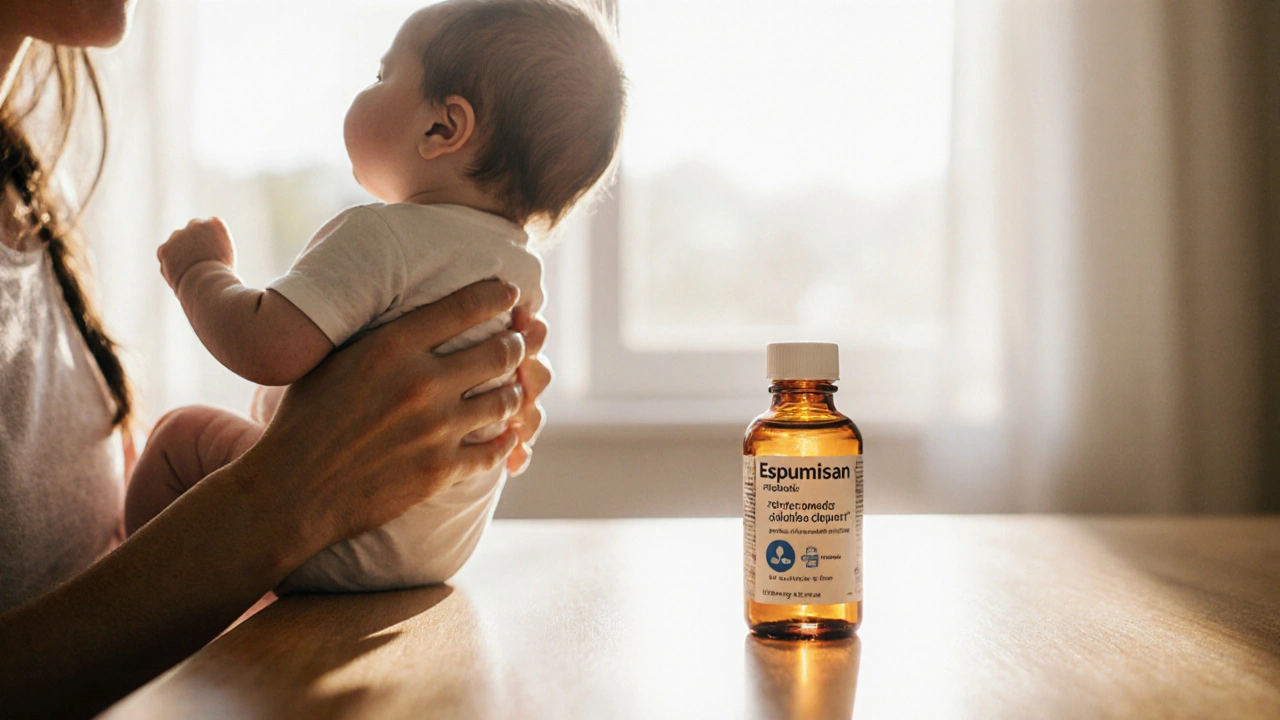 Na stole vedle novorozence jsou dvě láhevky – Espumisan a probiotikum, září jemné sluneční světlo.