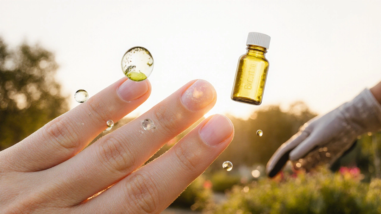 Nově růstoucí nehet s olejem a doplňkem biotinu, symbolizující hojení.