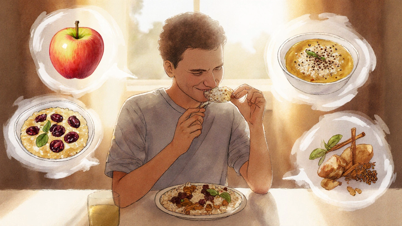 Osoba pomalu žvýká jídlo v klidné kuchyni, kolem ní se vznášejí obrázky jemných potravin.