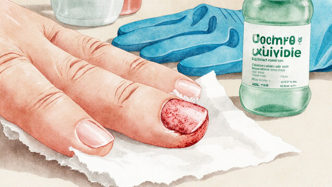 Poškozený nehet chráněný sterilní gázou a antiseptikem.