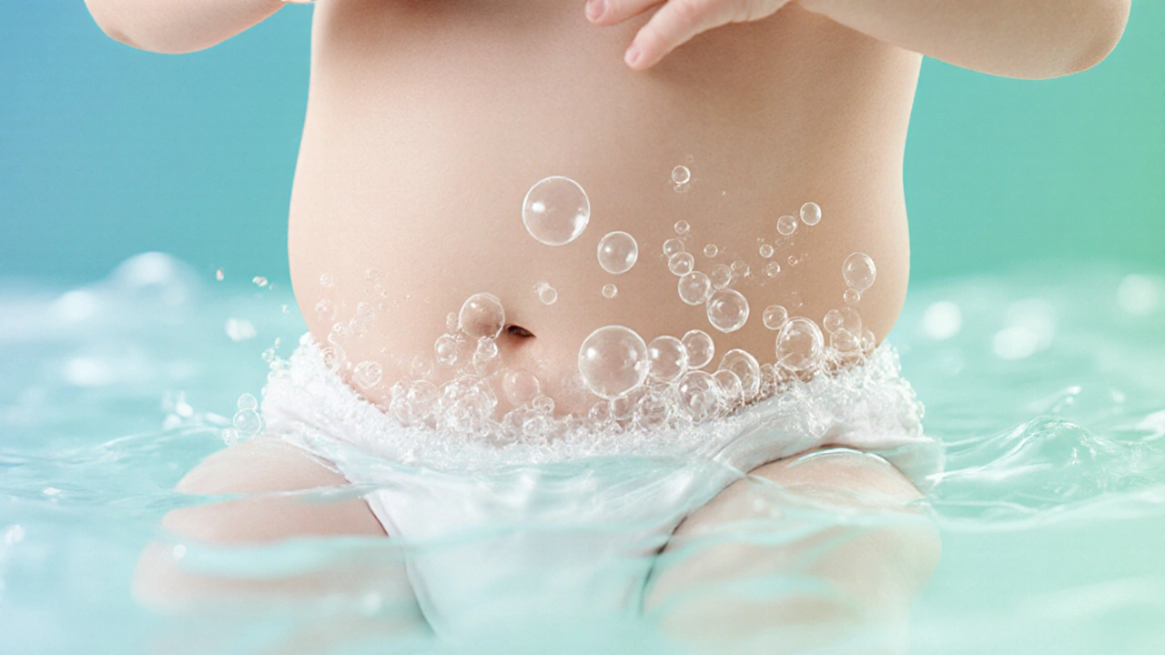 Přehledný vize bříška novorozence s rozpadajícími se plynovými bublinami v klidném modro-zeleném prostředí.