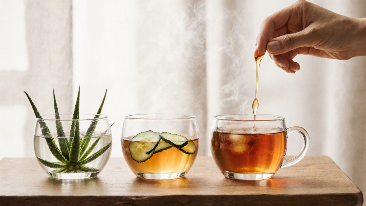 Přírodní prostředky pro uklidnění pokožky po depilaci: aloé vera, černý čaj, okurka a med.