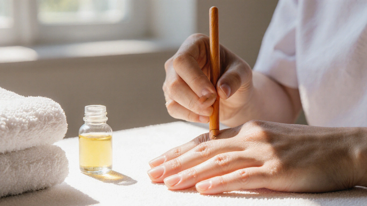 Profesionálka jemně odsouvá kutikulu dřevěnou tyčkou při manikúře.