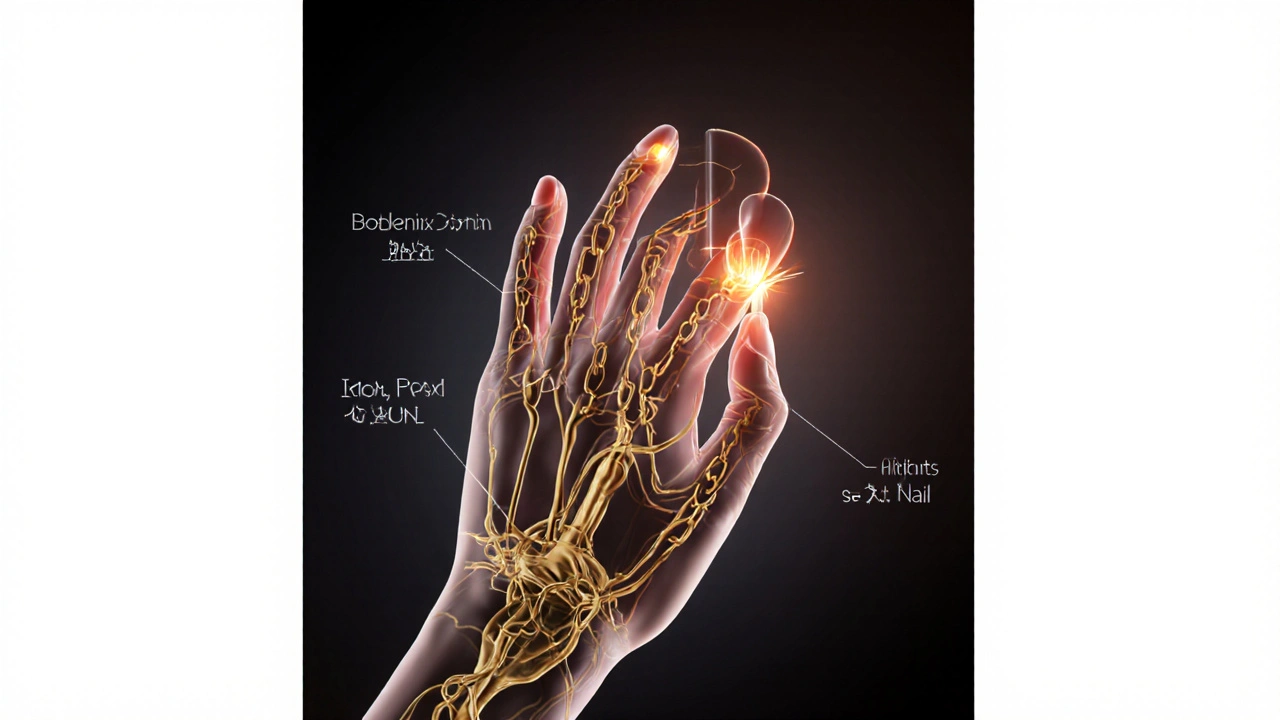 Průhledná ruka s proudy živin napájejícími nehtovou matici.