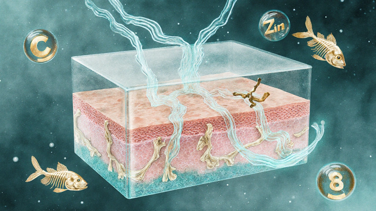 Průhledný obraz lidské kůže s kolagenovými vlákny proudícími z rybích šupin do pokožky.