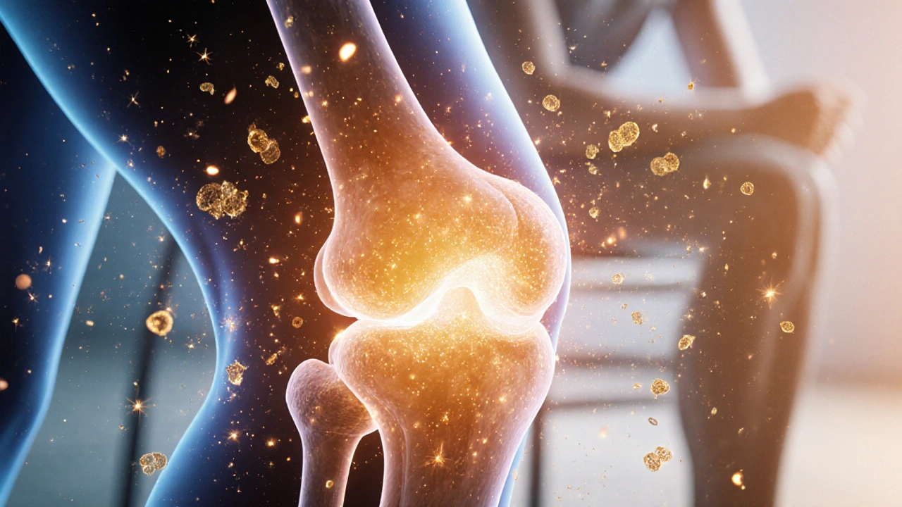 Průřez kloubu s regenerující chrupavkou a kolagenovými vlákny, doprovázenými vitamínem C.