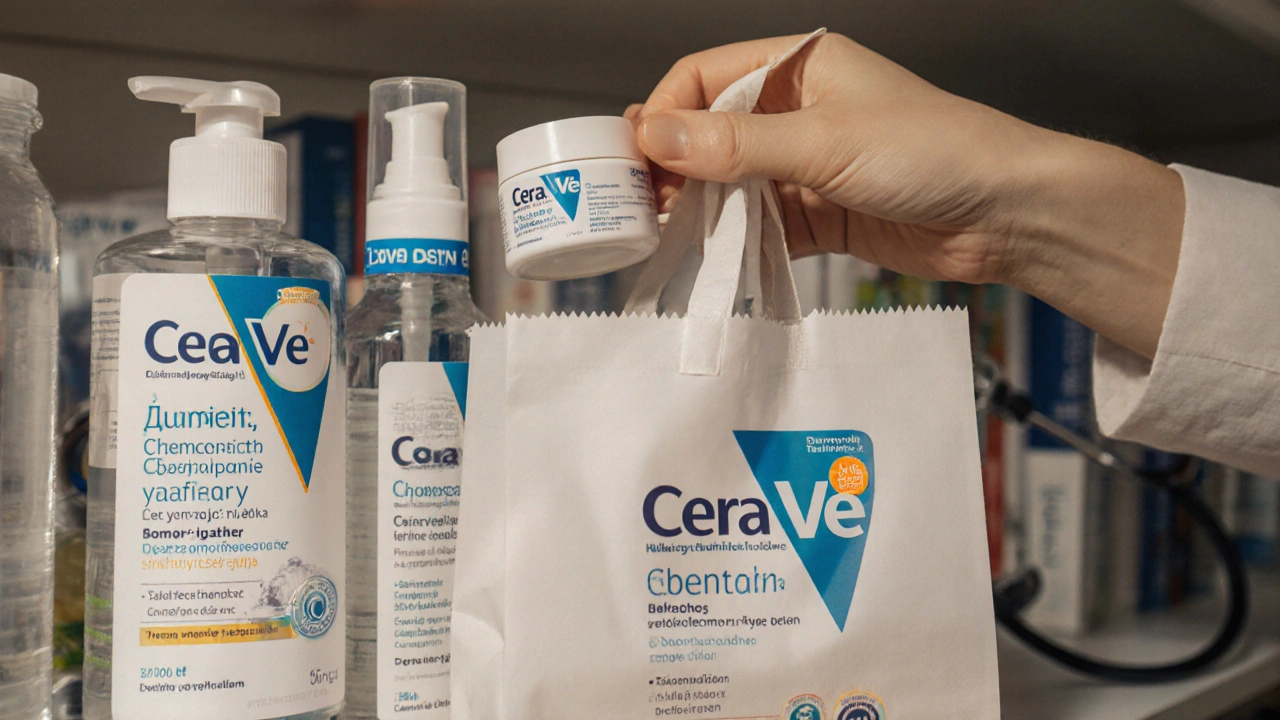 Regál s dermokosmetikou v české lékárně s označením dermatologicky testováno.