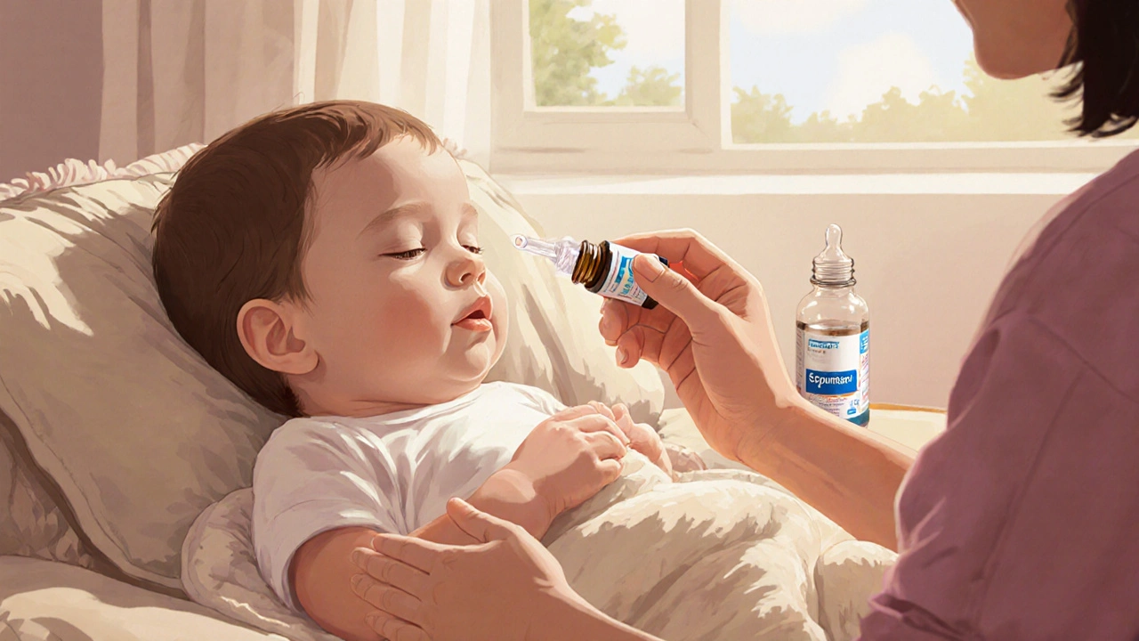 Rodič podává dítěti kapky Espumisan po krmění.