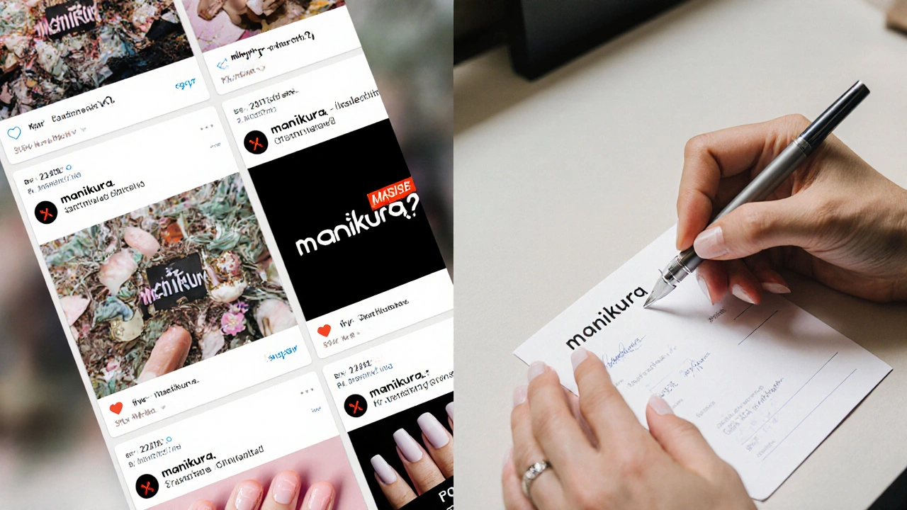 Rozdělený obraz: špatně napsané &#039;manikura&#039; na sociálních sítích vs. správně napsané &#039;manikúra&#039; v salónu.