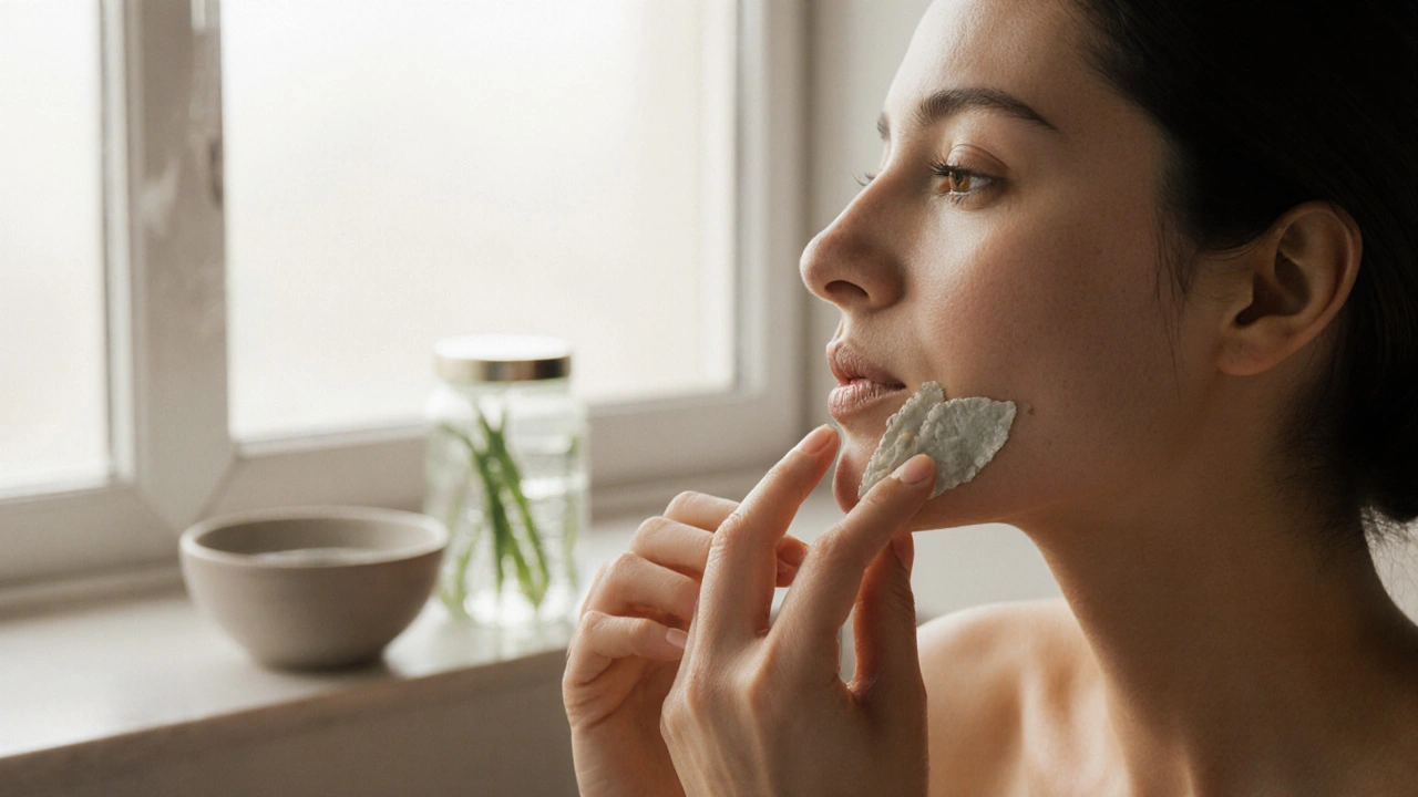 Ruce jemně nanášejí tenkou vrstvu aloe vera gelu na obličej s jemným zábleskem.